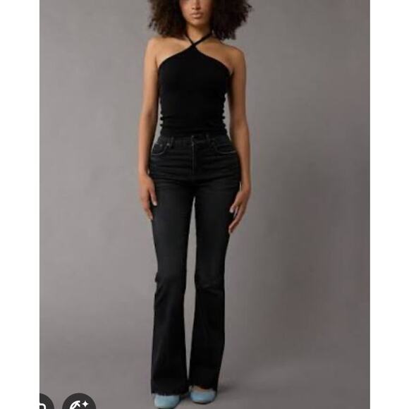 American Eagle Curvy Super High Rise Flare Jeans size 14 Short Dark Wash Ripped - Picture 3 of 10